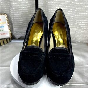(H3) Michael Kors Rory Penny
Loafer Black Suede Wedge
Heel Pumps Womens sz 9